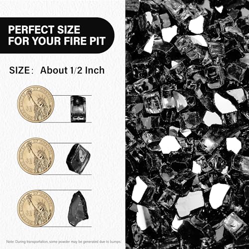 NUPICK 5 Pound Fire Glass, 1/2 Inch Reflective Fire Pit Glass, Tempered Firepit Glass Rock for Propane or Natural Gas, Glass Rocks for Fire Pit Table, Fireplace Glass for Landscaping, Black - Image 2