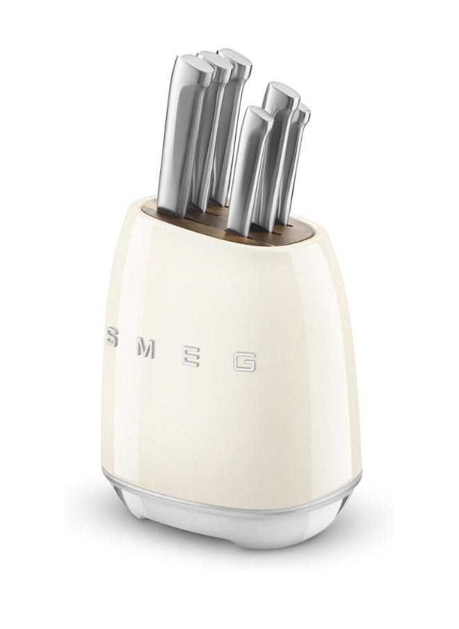 smeg Smeg, KBSF02CR Knife Block, 6 Knives Included in Stainless Steel, Stainless Steel Block Body and Knife Slot, Acacia Wood, Cream  - Image 1