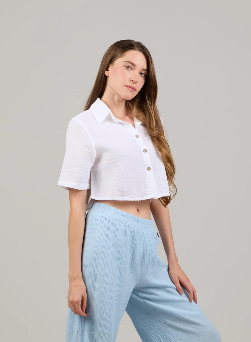 Just Nature White Short Sleeve Cropped Shirt for Women | Best Price UAE