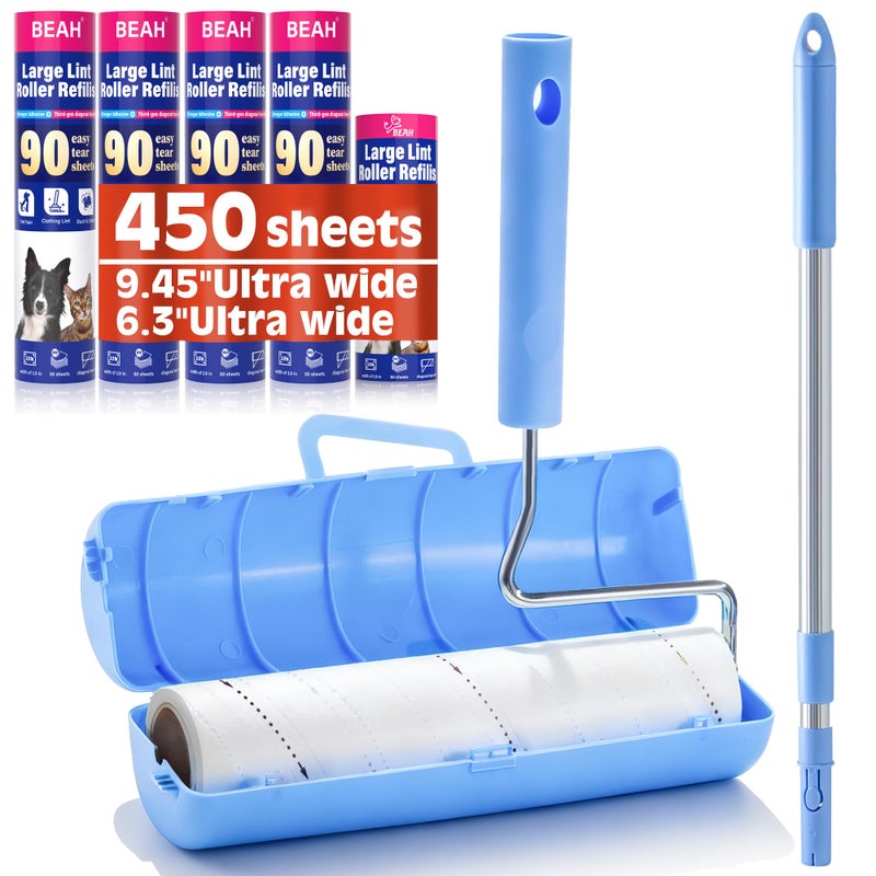 Large Lint Roller for Pet Hair Extra Sticky,9.45''/6.3"Pet Hair Removal Tool Roller for Dog Cat Hair,450 Sheets/5 Refills,Detachable Telescoping Extension Lint Remover Brush for Clothes,Couch,Carpets - Image 1
