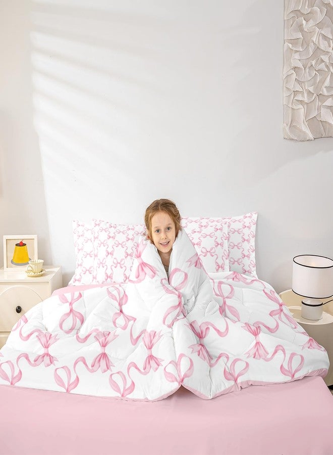 Man Fei Pink Bowknot 7 Pcs Comforter Set,Princess Style Watercolor Bow-tie Bedding Set,Dreamy Fairy Tale Bow Ribbon Stripes Pink White Bed Set(Comforter+Fitted+Flat Sheet+Pillowcases+Pillow Covers),Full - Image 3