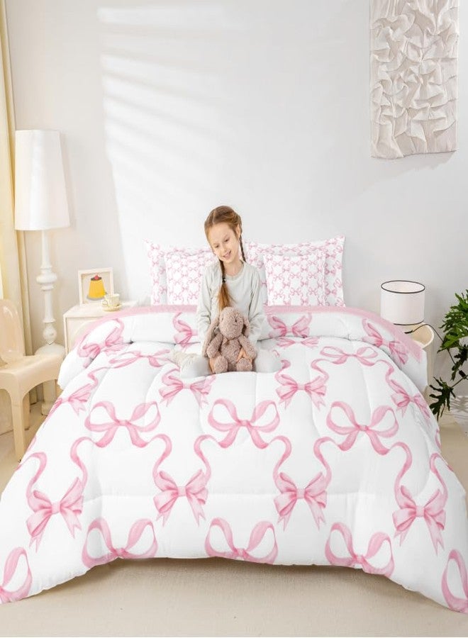 Man Fei Pink Bowknot 7 Pcs Comforter Set,Princess Style Watercolor Bow-tie Bedding Set,Dreamy Fairy Tale Bow Ribbon Stripes Pink White Bed Set(Comforter+Fitted+Flat Sheet+Pillowcases+Pillow Covers),Full - Image 2