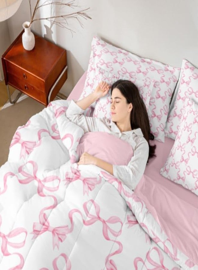 Man Fei Pink Bowknot 7 Pcs Comforter Set,Princess Style Watercolor Bow-tie Bedding Set,Dreamy Fairy Tale Bow Ribbon Stripes Pink White Bed Set(Comforter+Fitted+Flat Sheet+Pillowcases+Pillow Covers),Full - Image 4