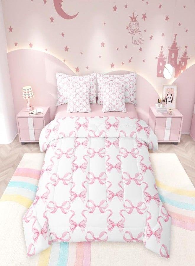 Man Fei Pink Bowknot 7 Pcs Comforter Set,Princess Style Watercolor Bow-tie Bedding Set,Dreamy Fairy Tale Bow Ribbon Stripes Pink White Bed Set(Comforter+Fitted+Flat Sheet+Pillowcases+Pillow Covers),Full - Image 5