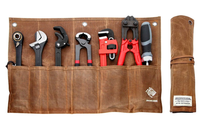 IRONCUBE Tool Organizer Bag, 6 Pockets Wax Canvas Weatherproof Roll-Up Pouch for Hand Tools - Image 1