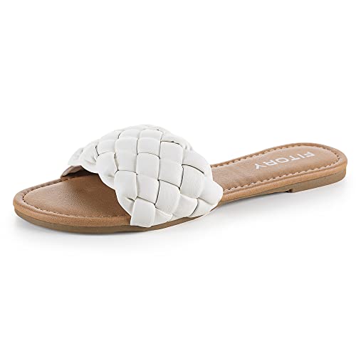 FITORY Womens Flat Sandals Fashion Round Open Toe Slip On Slides with Braided Strap Slippers for Summer Size 8 White - Image 1