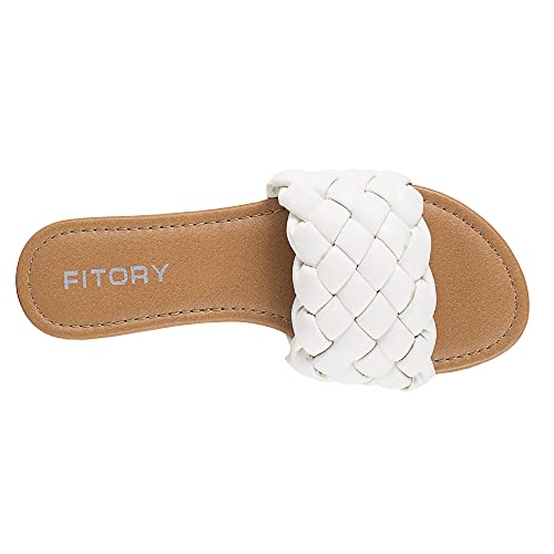 FITORY Womens Flat Sandals Fashion Round Open Toe Slip On Slides with Braided Strap Slippers for Summer Size 8 White - Image 3