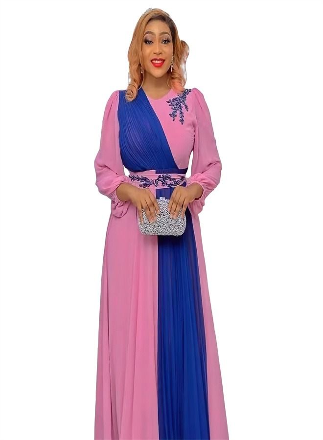 Loquat Women's Round Neck Studded Waist Chiffon Dress Pink 
