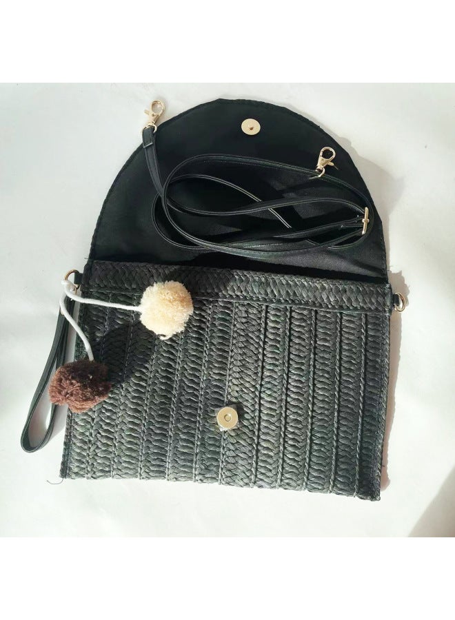 Spot Ball Hand Bag Straw Bag Shoulder Slung Casual Beach Bag Woven Women's Bag A Generation Of Hair-Color:Black  - Image 1