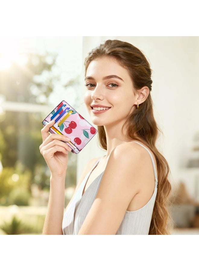 Tipmile حامل بطاقة الائتمان المضغوط مع نافذة هوية للنساء، محفظة جيب أمامية نحيفة وعصرية، محفظة صغيرة مع حماية RFID، كرز توت، مزخرفة - Image 4