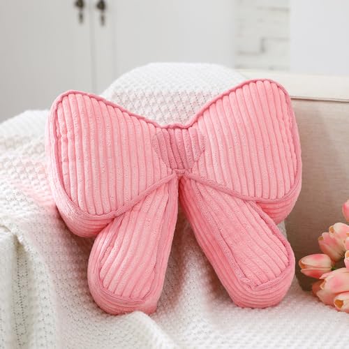 SmoothNovelty Pink Bow Pillow 12 Coquettish Bow Shaped Decorative Pillows Soft Corduroy Pink Cushion for Girls Women Room Bed Sofa Couch Aesthetic Home Decor Gift - Image 1