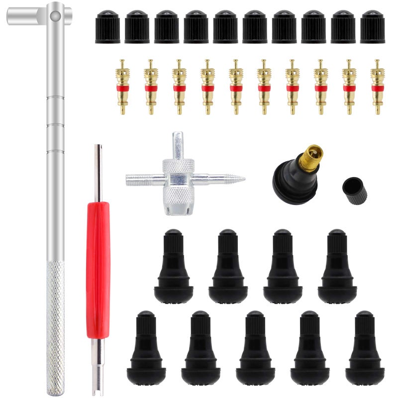 ZHSMS Valve Stem Puller Installer Tool,10pcs TR412 Tire Snap in Short Rubber Valve Stem, 4 Way Valve Core Remover,Double Head Tire Valve Core Remover Installer Tool (33 Pcs)