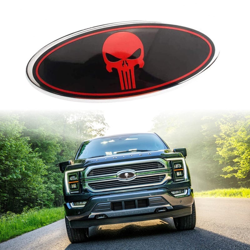 ARKOSKNIGHT 9inch Skull Modified Nameplate EmblemFront Grille Tailgate Rear Oval 9X35 BadgeSkull BlackRed