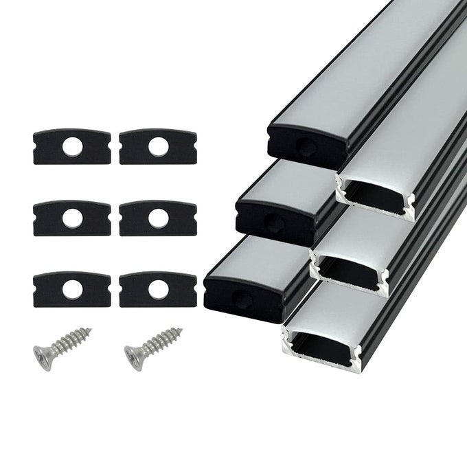 6PACK 30CM LED CHANNEL DIFFUSER BLACK ALUMINUM WITH MLIKY WHITE COVER U SHAPE 172X7MMLED STRIP LIGHT TRACK WITH END CAPS AND MOUNTING CLIPS ACCESSORIESALUMINUM PROFILE FOR LED STRIP LIGHTS