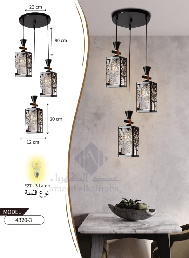 Best Power - Elegant 4320-3 Geometric Pendant Light With Three Lights – Adjustable Height E27 Ceiling Lamp, Perfect for Dining Room, Living Room & Hallways - Image 1