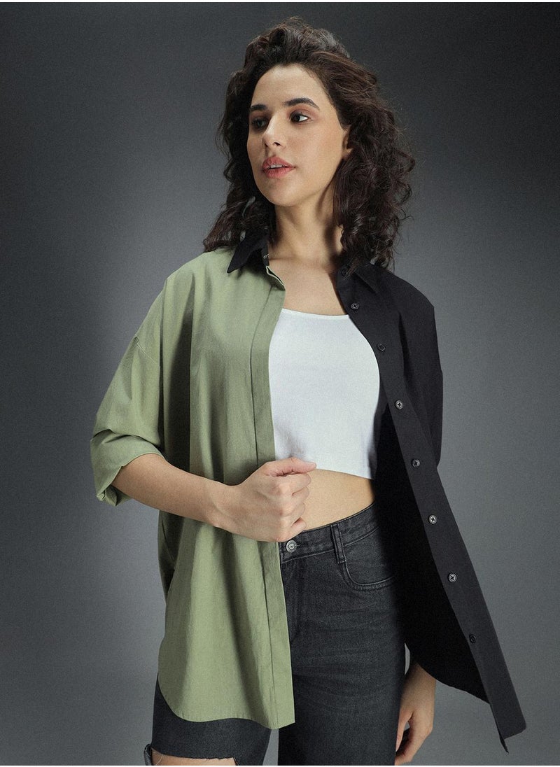 HIGH STAR Multicolor Oversized Colorblock Shirt for Women, Spread Collar, Long Sleeves, Cotton  - Image 1
