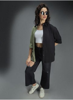 HIGH STAR Multicolor Oversized Colorblock Shirt for Women, Spread Collar, Long Sleeves, Cotton  - Image 5