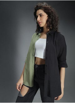 HIGH STAR Multicolor Oversized Colorblock Shirt for Women, Spread Collar, Long Sleeves, Cotton  - Image 2