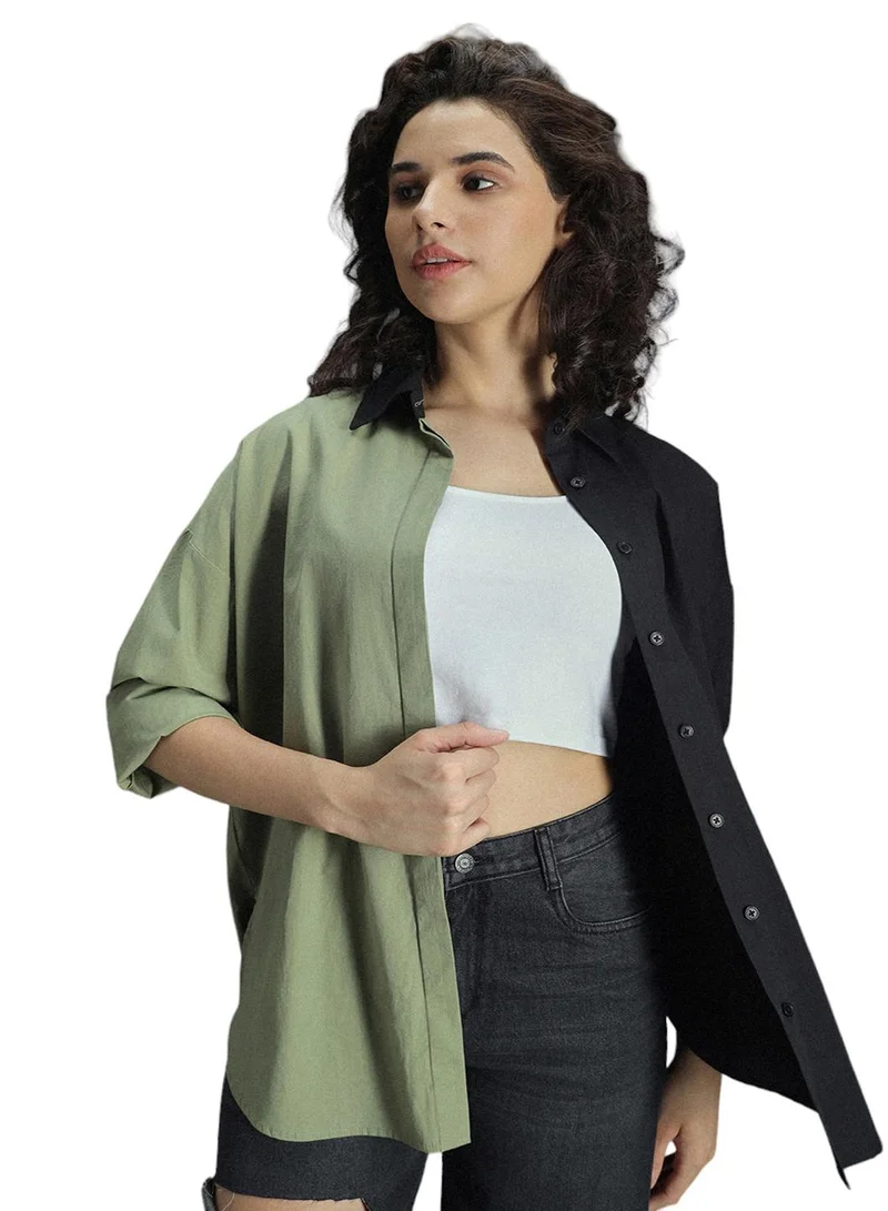 هاي ستار Multicolor Oversized Colorblock Shirt for Women, Spread Collar, Long Sleeves, Cotton