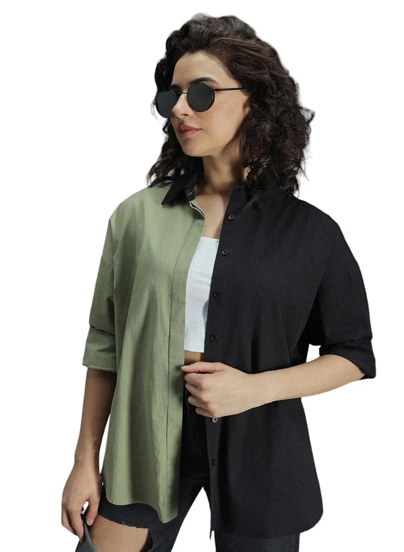 هاي ستار Multicolor Oversized Colorblock Shirt for Women, Spread Collar, Long Sleeves, Cotton