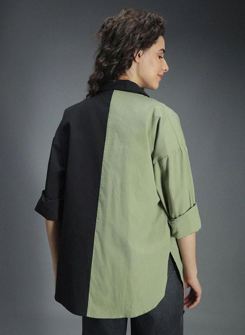 هاي ستار Multicolor Oversized Colorblock Shirt for Women, Spread Collar, Long Sleeves, Cotton
