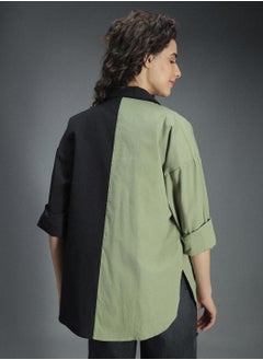 HIGH STAR Multicolor Oversized Colorblock Shirt for Women, Spread Collar, Long Sleeves, Cotton  - Image 3