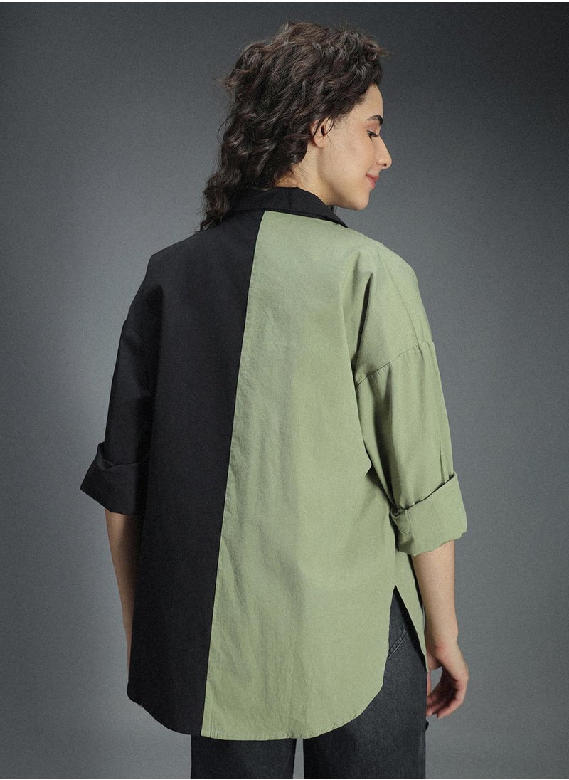 HIGH STAR Multicolor Oversized Colorblock Shirt for Women, Spread Collar, Long Sleeves, Cotton  - Image 3