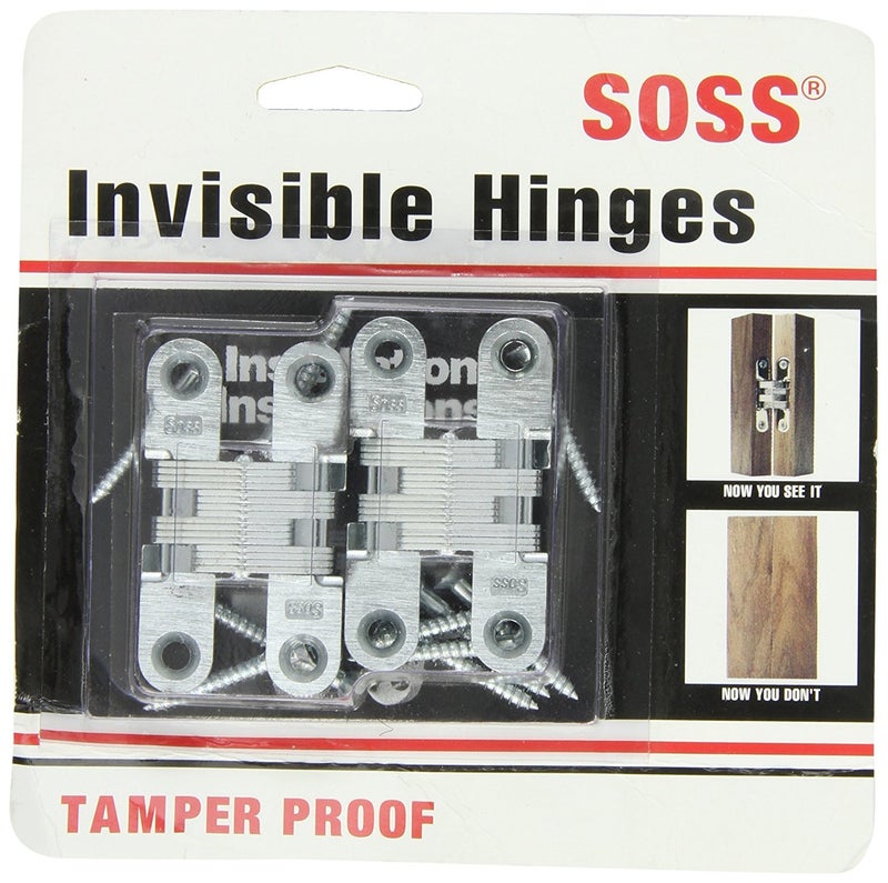 Soss - 204Cus26D Mortise Mount Invisible Hinges With 4 Holes  Zinc  Satin Chrome Finish  2-3/8"" Leaf Height  1/2"" Leaf Width  23/32"" Leaf Thickness  #7 X 1-1/4"" Screw Size (1 Pair)