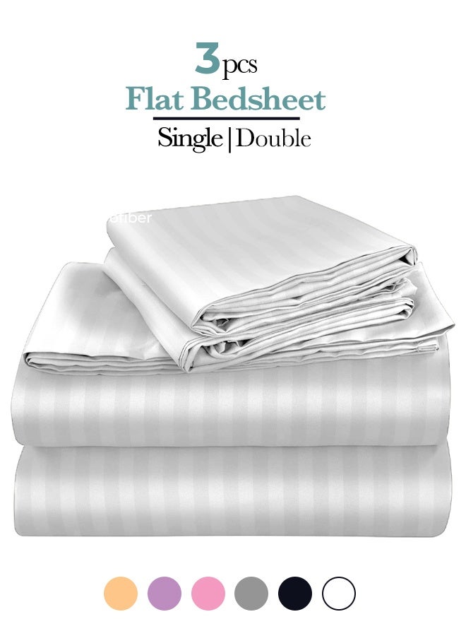 Saudi Deal 3 Piece Luxury White Striped Bed Sheet Set with 1 Flat Sheet and 2 Pillowcases for Hotel and Home Crafted from Ultra Soft and Breathable Cotton for Year-Round Comfort, (Single/Double) - Image 1