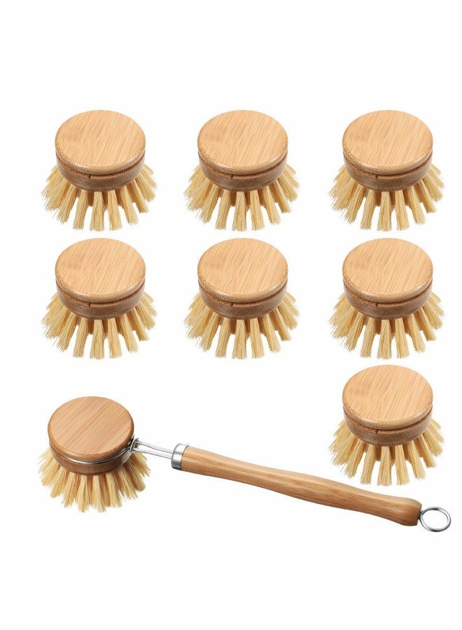 Wooden Kitchen Dish Brush,  Include Bamboo Scrub Cleaning Brush and Replacement Brush Heads Dish Brush for Kitchen Room Cleaning Supplies 8 Pieces