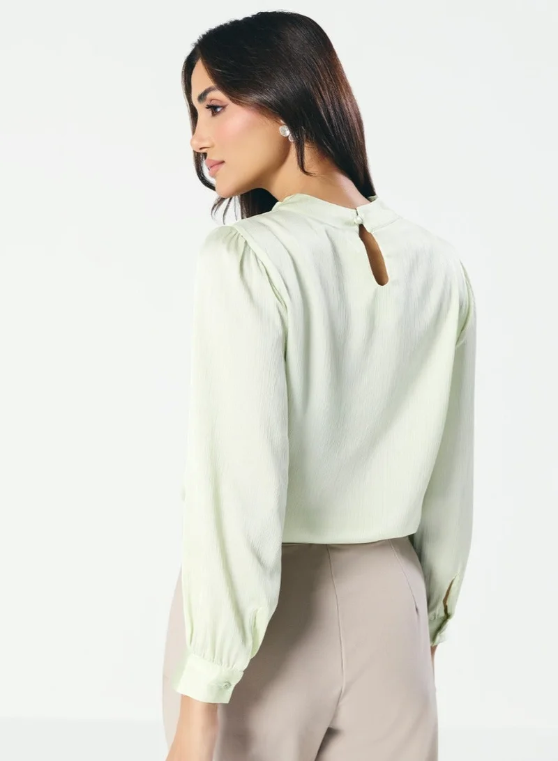 Zigzag High VNeck Pleated Creamy Green Top