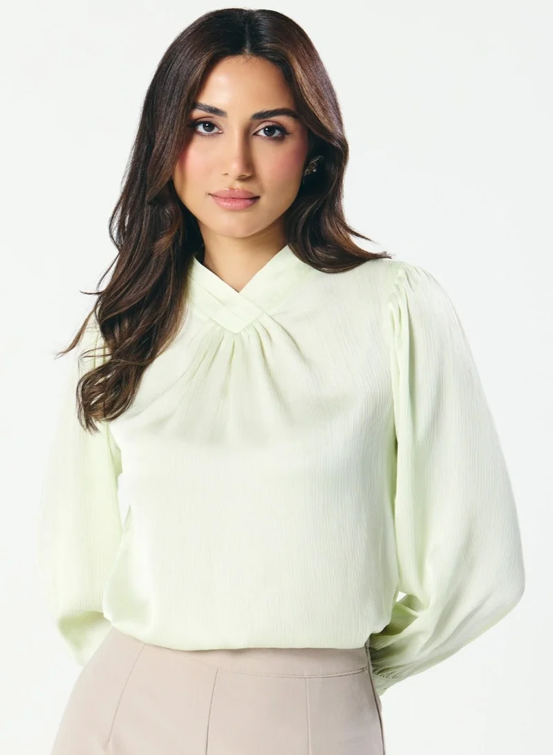 Zigzag High VNeck Pleated Creamy Green Top