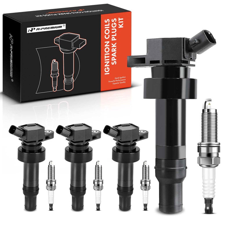 A-Premium Set of 4 Ignition Coil Pack and Iridium Spark Plugs Compatible with Hyundai Veloster 2012-2017, Accent & Kia Rio Soul 2012-2019, 1.6L Naturally Aspirated - Image 1