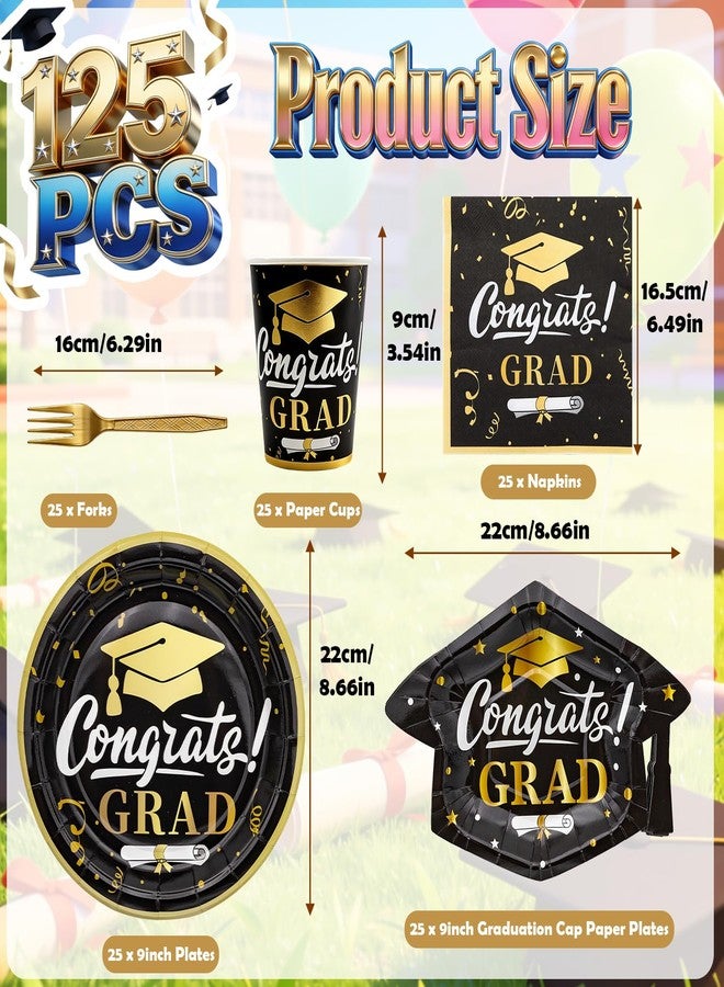 ANSEE 125 Pcs Graduation Plates and Napkins Set, 2026 Congrats Grad Disposable Tableware Set, Serves 25 Guests, Graduation Cap Paper Plate Napkins Cups Forks for Grad Party Supplies (Black) - Image 3