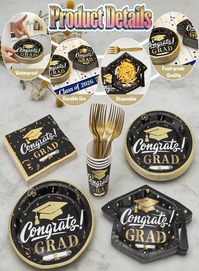 ANSEE 125 Pcs Graduation Plates and Napkins Set, 2026 Congrats Grad Disposable Tableware Set, Serves 25 Guests, Graduation Cap Paper Plate Napkins Cups Forks for Grad Party Supplies (Black) - Image 4