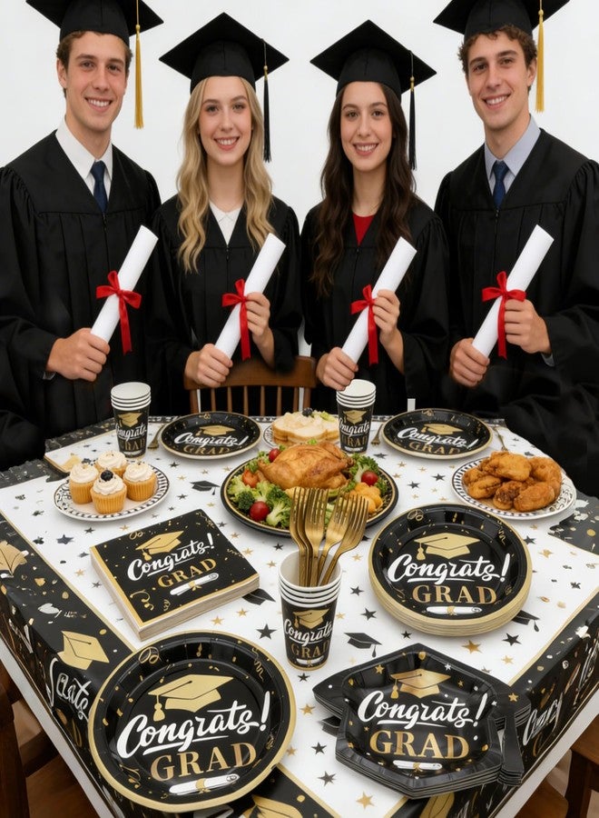 ANSEE 125 Pcs Graduation Plates and Napkins Set, 2026 Congrats Grad Disposable Tableware Set, Serves 25 Guests, Graduation Cap Paper Plate Napkins Cups Forks for Grad Party Supplies (Black) - Image 2