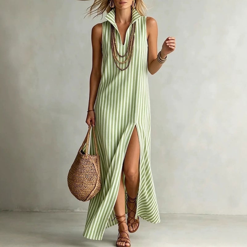 Women's Striped V-Neck Sleeveless Split Midi Dress Summer 2026 - Image 3
