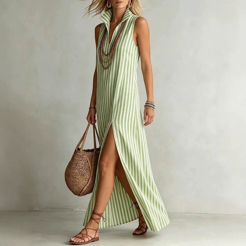 Women's Striped V-Neck Sleeveless Split Midi Dress Summer 2026 - Image 2