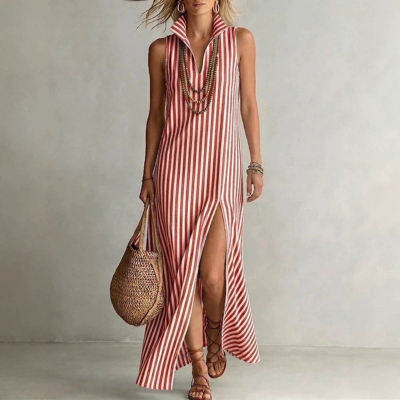 Women's Striped V-Neck Sleeveless Split Midi Dress Summer 2026 - Image 4