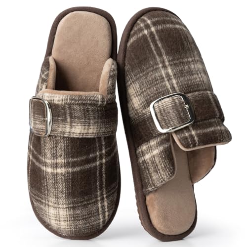 GOEWY Mens Cozy Slippers with Memory Foam Scuff House Shoes for Indoor Outdoor Slip On Non-slip Sole Gifts for Men Him Dad size 9 10 Brown - Image 1