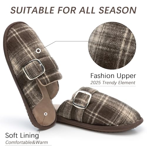 GOEWY Mens Cozy Slippers with Memory Foam Scuff House Shoes for Indoor Outdoor Slip On Non-slip Sole Gifts for Men Him Dad size 9 10 Brown - Image 3
