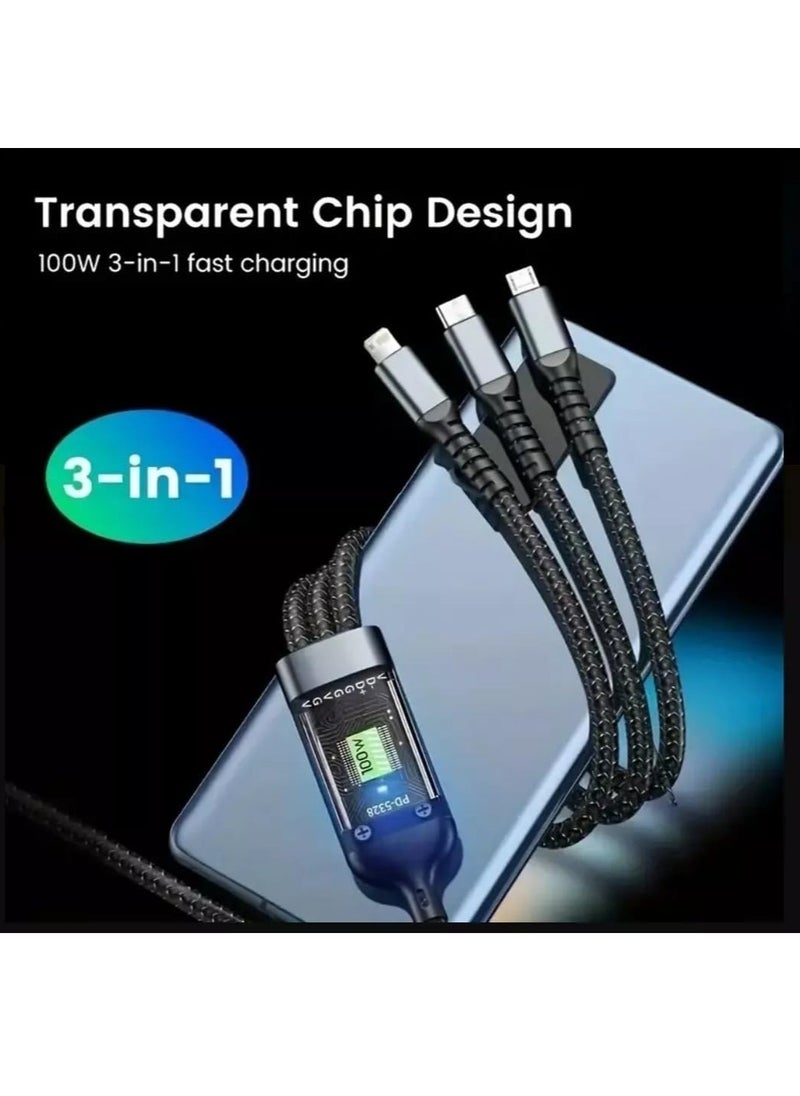 Generic - Multi Charger Cable, 3-in-1 Multiple USB Cable 1.2M Fast Charging Cord – Nylon Braided Micro USB, 100W Type-C, Lightning Connector for Samsung Galaxy, Huawei, OnePlus, Kindle, LG, Android u0026 More - Image 1