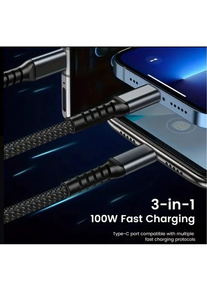 Generic - Multi Charger Cable, 3-in-1 Multiple USB Cable 1.2M Fast Charging Cord – Nylon Braided Micro USB, 100W Type-C, Lightning Connector for Samsung Galaxy, Huawei, OnePlus, Kindle, LG, Android u0026 More - Image 1