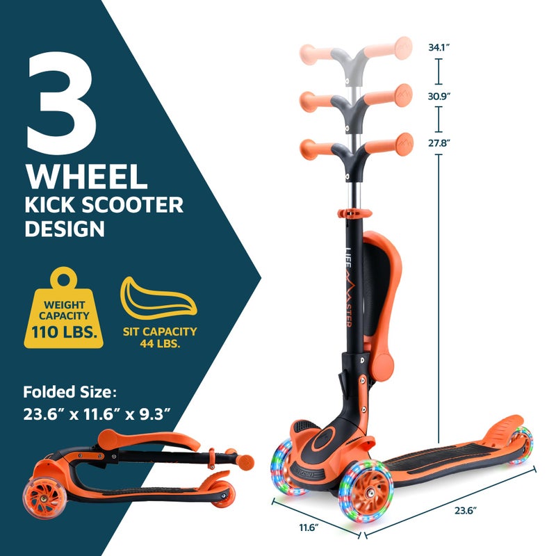 LifeMaster 3 Wheel Scooter for Kids with Foldable Seat, Adjustable Handlebar Height, Lean-to-Steer Ride On Toy for Kids Ages 2+, Light-Up LED Wheels, Wide Anti Slip Deck, Indoor & Outdoor Use, Orange - Image 2