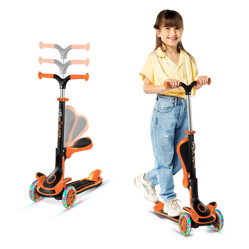LifeMaster 3 Wheel Scooter for Kids with Foldable Seat, Adjustable Handlebar Height, Lean-to-Steer Ride On Toy for Kids Ages 2+, Light-Up LED Wheels, Wide Anti Slip Deck, Indoor & Outdoor Use, Orange - Image 1