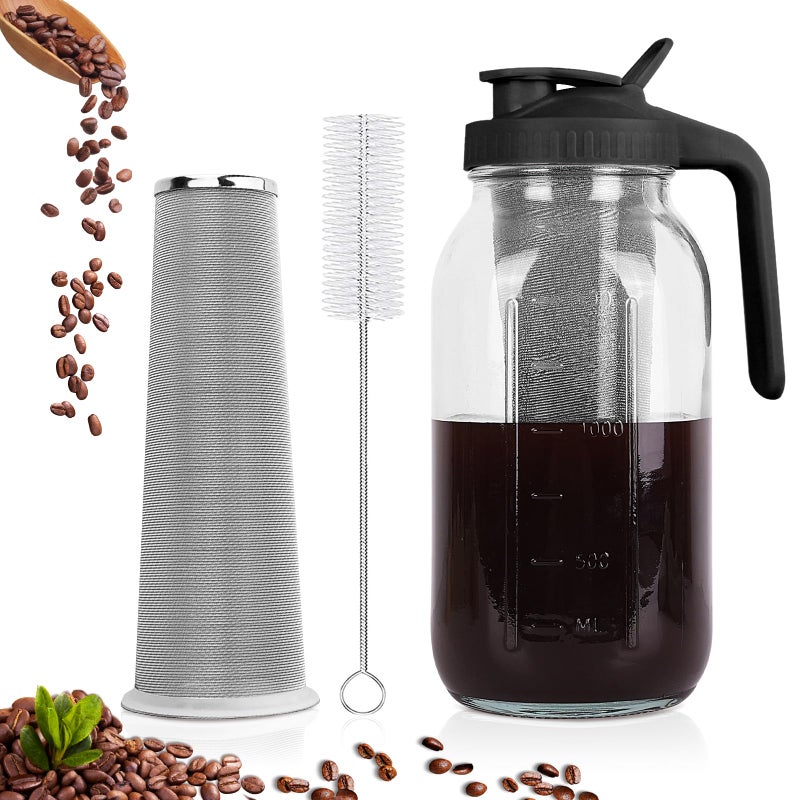 Cold Brew Coffee Maker64 oz Mason Jar Pitcher with Stainless Steel Filter Pour Spout Handle Lid Heavy Duty Glass Airtight  LeakProof Pitcher for iced coffee Tea Lemonade