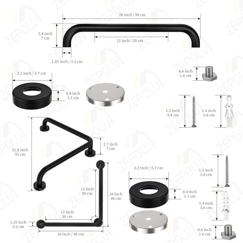 Zepolu LShaped Shower Grab Bar 16x16 Inch Zepolu Stainless Steel Matte Black Safety Grab Rail Bathroom Mobility Aid Handrail Wall Mounted Balance Support Bar Assist Handle for Senior Elderly Handicap - Image 5