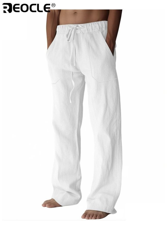REOCLE Men's Long Pants with Elastic Drawstring Waist and Lightweight Design Beach Trousers with Summer Comfort for Casual Yoga Wear - Image 3
