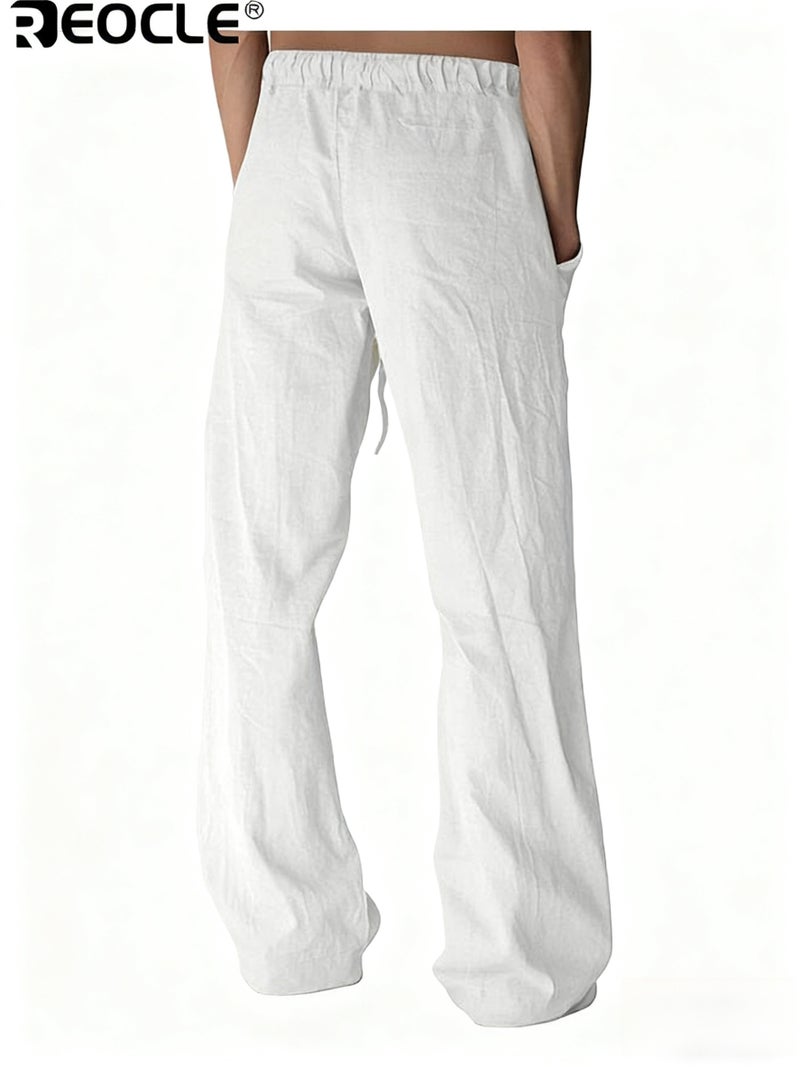 REOCLE Men's Long Pants with Elastic Drawstring Waist and Lightweight Design Beach Trousers with Summer Comfort for Casual Yoga Wear - Image 4