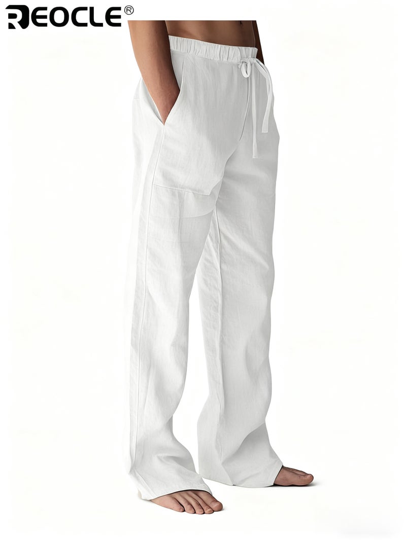 REOCLE Men's Long Pants with Elastic Drawstring Waist and Lightweight Design Beach Trousers with Summer Comfort for Casual Yoga Wear - Image 5